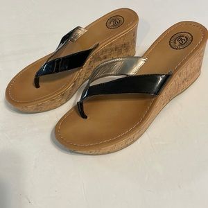 SO | Black Vegan Patent Leather Slip On Thong Cork Wedge Sandals Women's